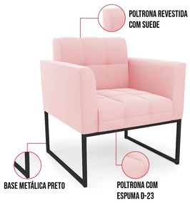 Kit 1 Sofá Namoradeira e 1 Poltrona Elisa Suede Rosa Bebê Base Metálica Industrial Preto D03 - D'Rossi