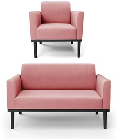 Conjunto Poltrona e Namoradeira Decorativa Isabella Pés Fixo em Madeira Preto Suede Rose G19 - Gran Belo