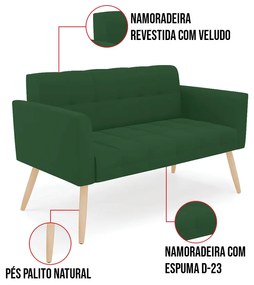 Kit 1 Sofá Namoradeira e 1 Poltrona Elisa Veludo Pés Palito Natural D03 - D'Rossi - Verde