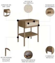 Mesa de Cabeceira Com 1 Gaveta Pés Madeira Arlo A10 Hanover - Mpozenat