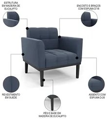 Poltrona Decorativa Base Madeira Preto Ana Suede Azul Marinho - Ibiza