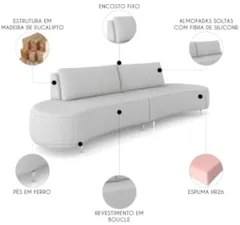 Sofá 4 Lugares 240cm Orgânico Pé Ferro Nagai Bouclê Cinza Z55 - Mpozen