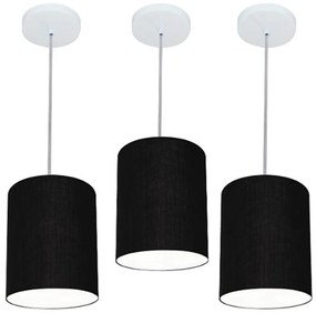 Kit/3 Lustre Pendente Cilíndrico Md-4012 Cúpula em Tecido 18x25cm Preto - Bivolt