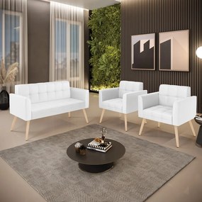 Kit 1 Sofá Namoradeira e 2 Poltronas Elisa Corino Branco Pés Palito Natural - D'Rossi