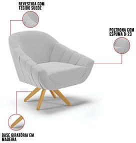 Poltrona Giratória Giovana Suede Base Madeira MA30 D03 - D'Rossi - Cinza