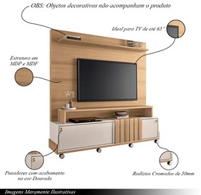 Home Painel Decorativo Bolt TV até 65 Pol Portas Deslizantes Pés Rodízio Freijó/Off White G26 - Gran Belo