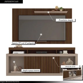 Conjunto Painel e Rack Bancada Toquio 180cm MDP Portas de correr Ripado Havana/Fendi G11 - Gran Belo