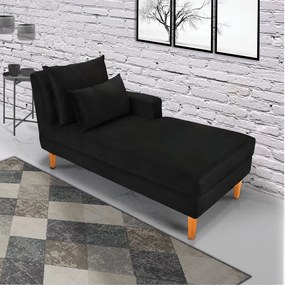 Divã Chaise Chloe 160 cm Veludo Preto Pés Chanfrado Castanho - D'Rossi