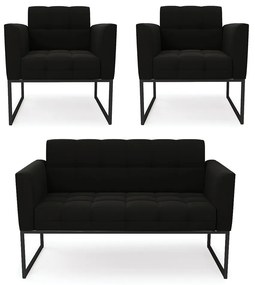 Kit 1 Sofá Namoradeira e 2 Poltronas Elisa Suede Preto Base Metálica Industrial Preto - D'Rossi