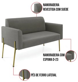 Sofá Namoradeira e 2 Poltronas Pé de Ferro Dourado Marisa Suede D03 - D'Rossi - Grafite