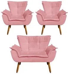 Kit Namoradeira 2 Lugares e 2 Poltronas Decorativas Pés Palito Opla Su
