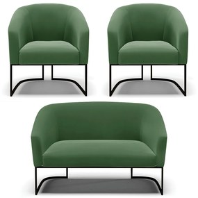 Namoradeira e 2 Poltronas Industrial Preto Stella Suede D03 - D'Rossi - Verde