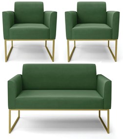 Sofá Namoradeira com 2 Poltronas Base Industrial Dourado Marisa Suede D03 - D'Rossi - Verde