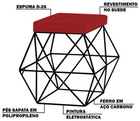 Puff Decorativo Sala de Estar Base Preto Trixie Suede Vermelho G41 - Gran Belo