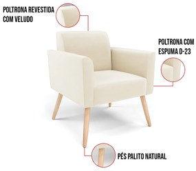 Kit 2 Poltronas Pés Palito Natural Marisa Veludo - Bege