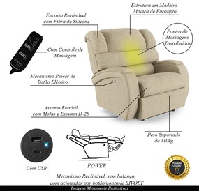 Poltrona do Papai Sala de Cinema Reclinável Kylie Power Touch Massagem USB Linho Bege G23