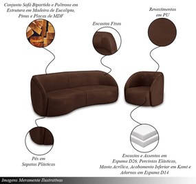 Conjunto Sofá Sala de Estar Bipartido 240cm e 2 Poltronas Clarke PU Marrom Manchado G45 - Gran Belo