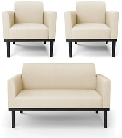 Sofá Namoradeira com 2 Poltronas Base de Madeira Fixa Preto Marisa Linho - A19 Bege