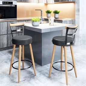 Banqueta Alta Cozinha 70cm Encosto Pé Madeira Kit 2 Kyara Pu S02 - D'Rossi - Preto