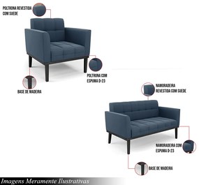 Conjunto Poltrona e Namoradeira Decorativa Karen Pés Fixo em Madeira Preto Suede Azul Marinho G19 - Gran Belo
