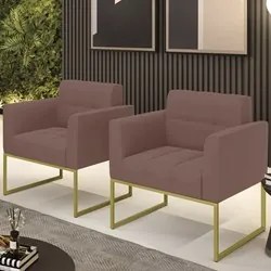 Poltrona Base Industrial Dourado Kit 2 Ana Veludo Rosê - Ibiza