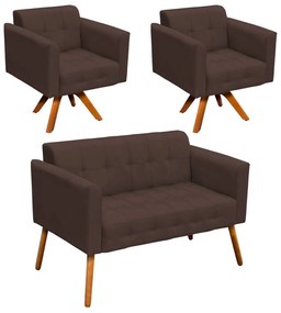 Kit 01 Namoradeira e 02 Poltronas Giratória Elisa Suede Base Madeira MM30 D'Rossi - Marrom