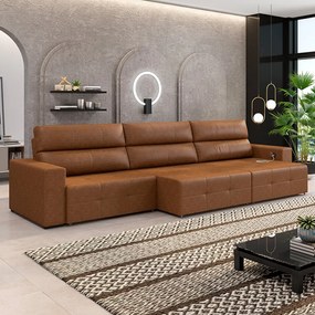 Sofá Retrátil 5 Lugares 314cm 3 Módulos Nero com USB Couro Manchado Claro G52 - Gran Belo
