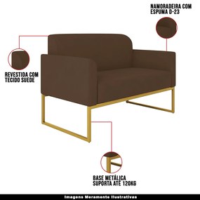Poltrona Namoradeira Decorativa Isabella Base Industrial Suede Marrom/Dourado G19 - Gran Belo