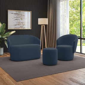 Sofá Namoradeira com Poltrona e Puff Orgânico Sala Malu Suede M11 - D'Rossi - Azul Marinho