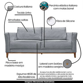 Sofá Decorativo 3 Lugares 230cm Pés em Madeira Tarantino Linho Cinza G63 - Gran Belo