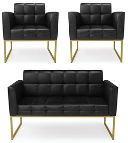 Kit 1 Sofá Namoradeira e 2 Poltronas Elisa Corano Preto Base Metálica Industrial Dourado - D'Rossi
