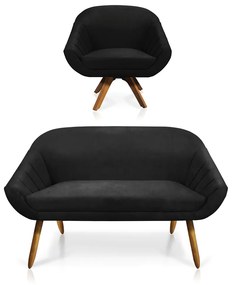 Kit 01 Namoradeira 02 Lugares e 01 Poltrona Giratória Giovana Suede Base Madeira MM30 - D'Rossi - Preto