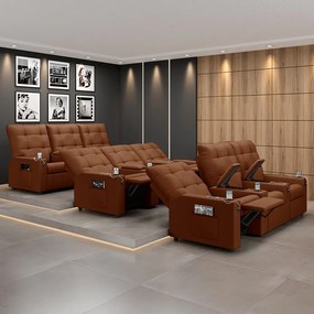 Poltrona do Papai Reclinável Sala de Cinema Movie 3 Lugares Manual Baú USB Veludo Terracota