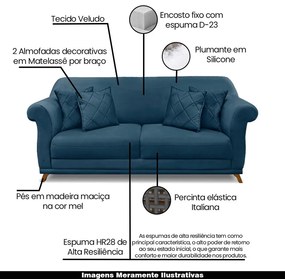 Sofá Decorativo 200cm 3 Lugares com 4 Almofadas Armstrong Veludo Azul Marinho G63 - Gran Belo