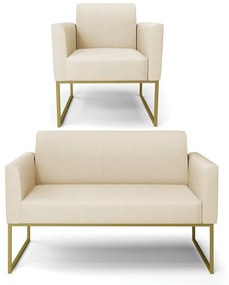 Sofá Namoradeira com Poltrona Base Industrial Dourado Marisa Linho D03 - D'Rossi - A19 Bege