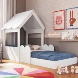 Cama Solteiro Infantil Montessoriana Casinha Nana Branco C06 - Mpozena