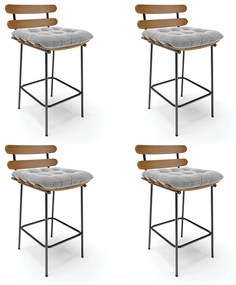 Kit 04 Banquetas Costela Suede Cinza Base Metálica Preto - D'Rossi