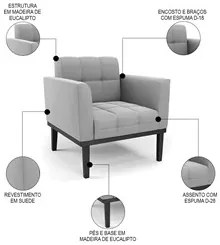 Sofá Namoradeira e 1 Poltrona Base Madeira Preto Ana Suede Cinza - Ibi
