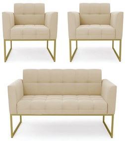 Kit 1 Sofá Namoradeira e 2 Poltronas Elisa Suede Bege Base Metálica Industrial Dourado - D'Rossi