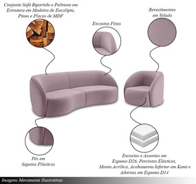 Conjunto Sofá Sala de Estar Bipartido 318cm e 2 Poltronas Clarke Veludo Rosê G45 - Gran Belo