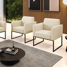 Kit 2 Poltronas Base Industrial Preto Marisa Linho - A19 Bege