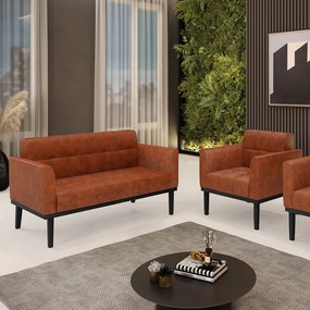 Conjunto Poltrona e Namoradeira Decorativa Karen Pés Fixo em Madeira Preto Pu Nozes G19 - Gran Belo