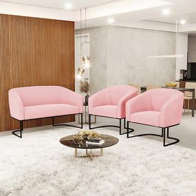 Namoradeira e 2 Poltronas Industrial Preto Stella Suede D03 - D'Rossi - Rosa Bebê