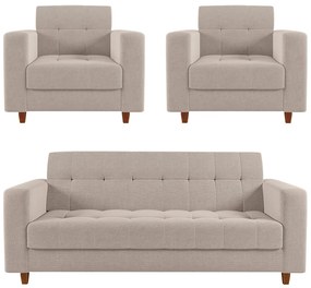 Sofá 2 Lugares e 2 Poltronas Pé Madeira Castanho Arezo Linho D01 - D'Rossi - A27 Areia