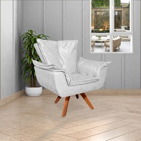 Poltrona Decorativa Base Giratória em Madeira Charger PU Branco G19 - Gran Belo