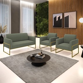 Namoradeira e 2 Poltronas Industrial Alta Dourado Marisa Bouclê Pistache