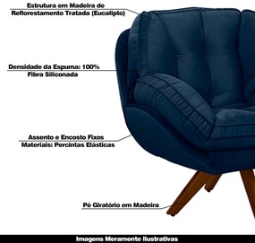 Poltrona Decorativa Base em Madeira Giratória Giroud Veludo Azul Marinho G33 - Gran Belo
