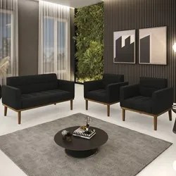 Sofá Namoradeira e 2 Poltronas Base Madeira Castanho Ana Suede Preto -