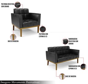 Conjunto Poltrona e Namoradeira Decorativas Karen Pés Fixo em Madeira Castanho PU Preto Brilho G19 - Gran Belo