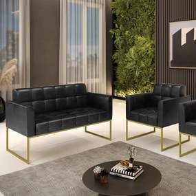 Kit 1 Sofá Namoradeira e 1 Poltrona Elisa Corano Preto Base Metálica Industrial Dourado - D'Rossi